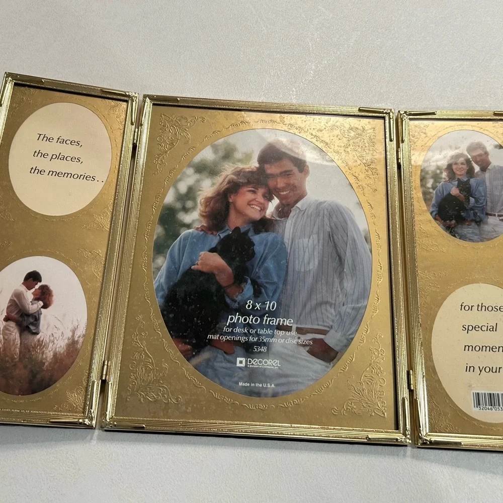 Vintage gold brass metal‎ picture frame trifold embossed detail
